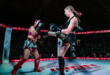 Florencia Griguol logró su segundo título internacional de kickboxing en Paraguay Florencia Griguol lanza una patada durante un combate de kickboxing.