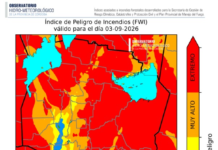 Córdoba mantiene riesgo extremo de incendios por fuertes vientos Mapa del índice de peligro de incendios para Córdoba, válido para el 3 de septiembre de 2026