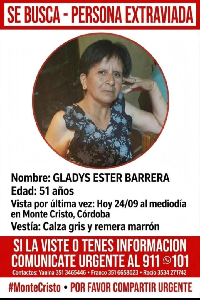 Placa difundida durante la búsqueda de Gladys Ester Barrera en Monte Cristo