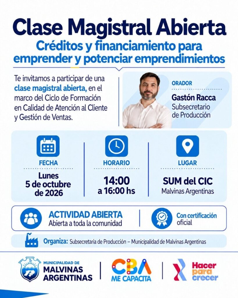 Placa informativa de la clase sobre créditos y financiamiento en Malvinas Argentinas