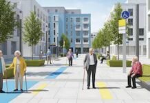 Monte Cristo figura desde 2022 en la red de ciudades amigables con las personas mayores Ilustración de una calle urbana accesible con personas mayores, bancos, árboles y senderos señalizados