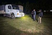 Monte Cristo: secuestraron un camión con pedido judicial vigente Camión Mercedes-Benz estacionado junto a personal policial en un predio durante la noche