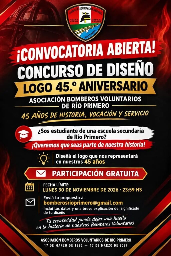 Afiche del concurso para diseñar el logo de los 45 años de Bomberos de Río Primero