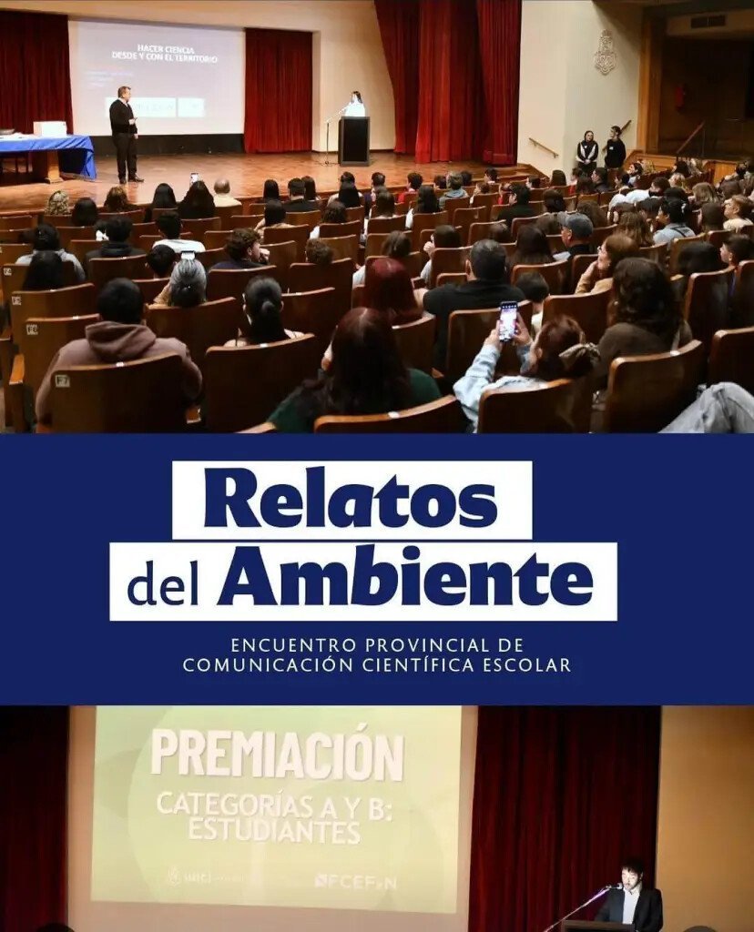 Composición con escenas de un auditorio y una premiación del encuentro Relatos del Ambiente